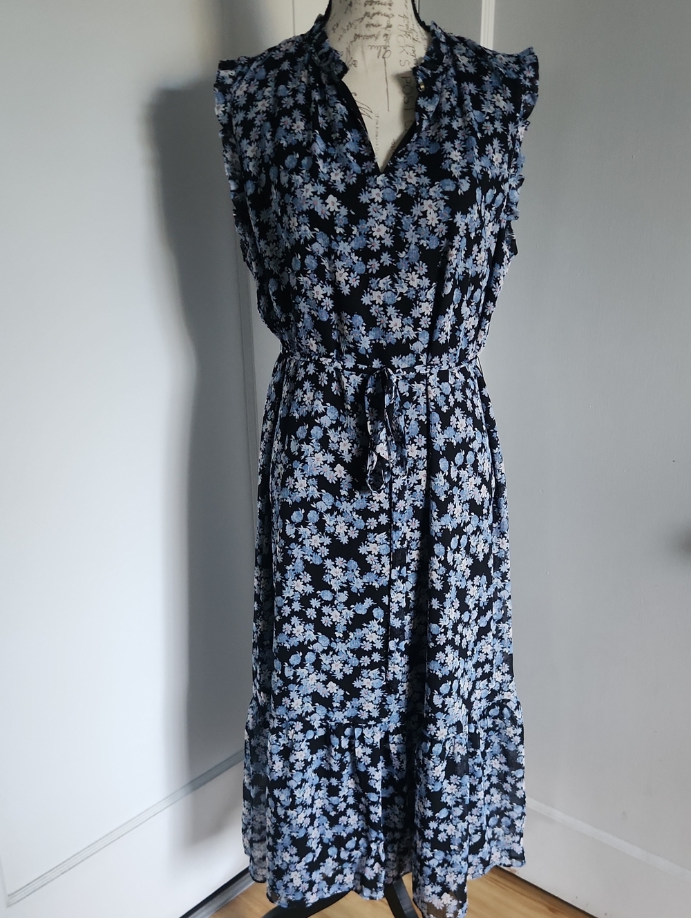 LOFT Navy Blue Floral Maxi Dress with Tie Waist